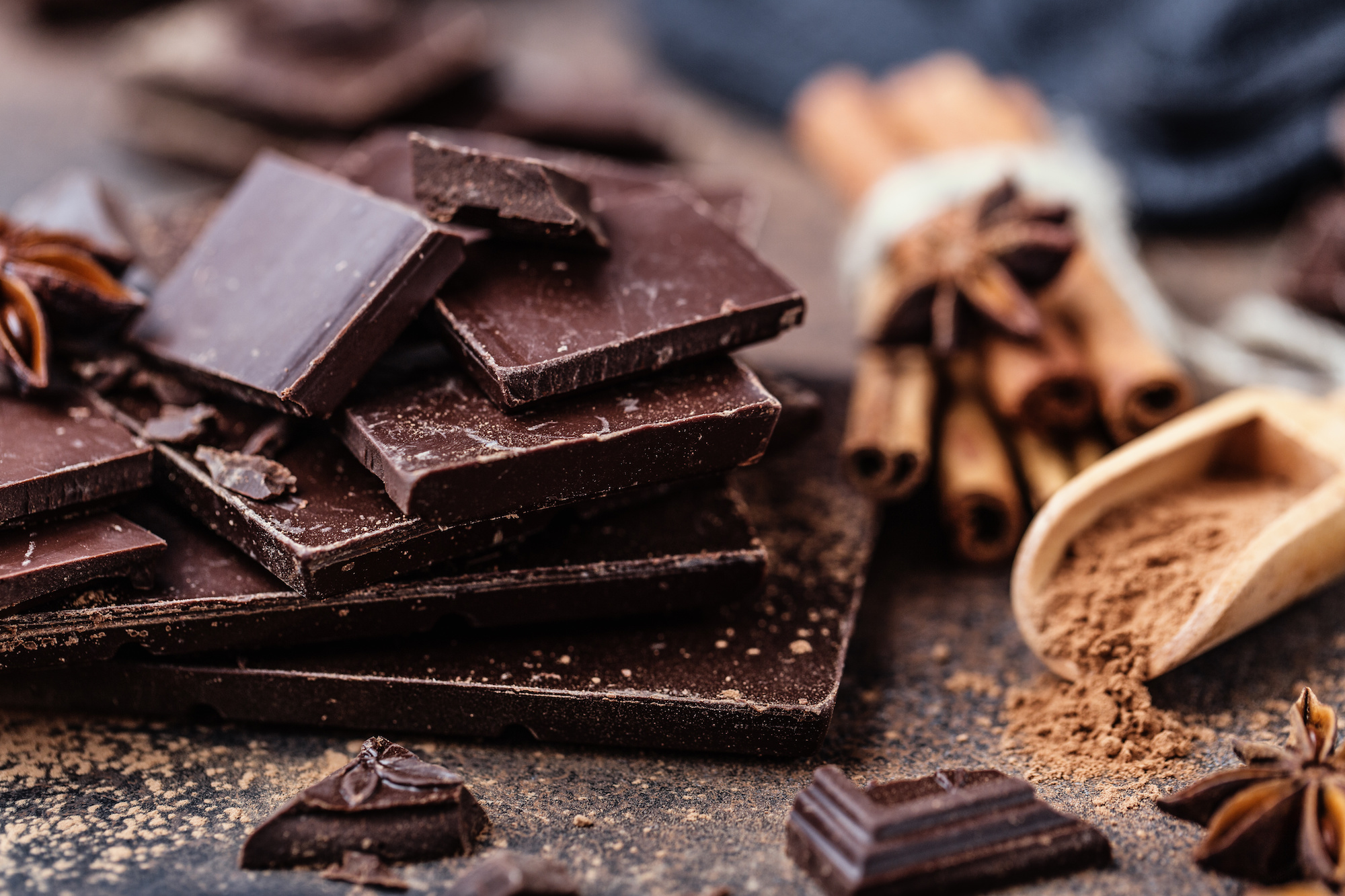 Chocolate bar pieces. Background with chocolate. Sweet food photo concept. The chunks of broken chocolate